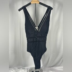 Women's Black Deep V One-Piece Swimsuit w/mesh accents and high cut leg